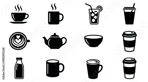 Set of beverage and drink icons including coffee cups, mugs, teapot and milk bottle on white background, concept for restaurant menu design, cafe branding and cafe identity
