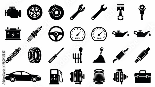 Set of black automotive part icons and car service silhouettes isolated on white background, concept for auto repair shop branding, vehicle maintenance and automotive industry advertising
