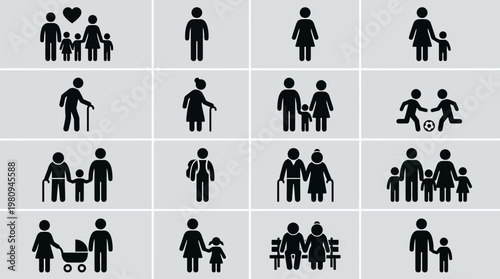 Black silhouette pictograms representing family members and children for hr manager, concept for employee benefits package, corporate health insurance and staff life insurance policy