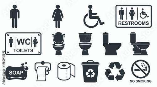 Restroom and toilet black icon set with gender symbols disabled access signs and bathroom amenities on white background, concept for public navigation, signage system and facility management