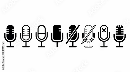 Collection of various black microphone icons and symbols including mute states on plain white background, concept for mobile app development, user interface design and podcasting service