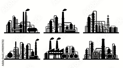 Set of industrial factory and oil refinery silhouettes with pipes and smoking chimneys on white, concept for global manufacturing, energy engineering and petrochemical distribution
