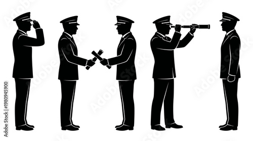 Black silhouettes of uniform officers saluting and handing over batons against a white background, concept for corporate leadership, professional succession and strategic vision