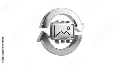 A silver recycling symbol with a graph and chart on a black background