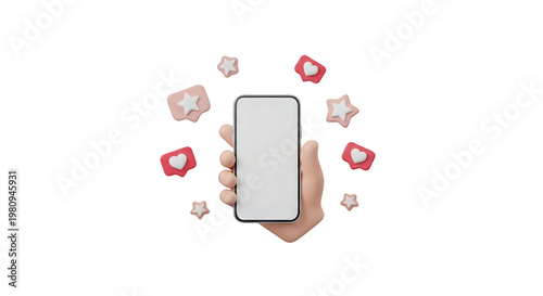 A hand holding a smartphone with social media likes and stars surrounding it on a black background