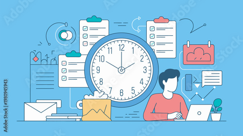 A man sitting at a desk with a laptop and surrounded by various time management and organization tools.