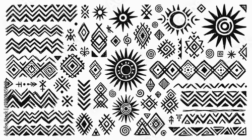 Collection of hand-drawn black tribal ethnic symbols and geometric patterns on white background, concept for bohemian textile design, indigenous cultural artwork and rustic craft decoration