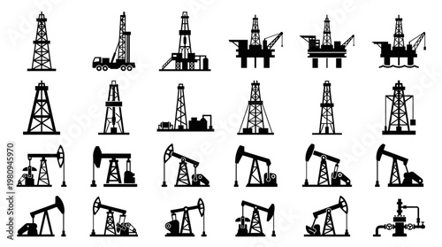 Black oil rig silhouettes and pumpjack extraction equipment icons set on white background, concept for petroleum industry illustration, fossil fuel energy web design and offshore drilling infographics