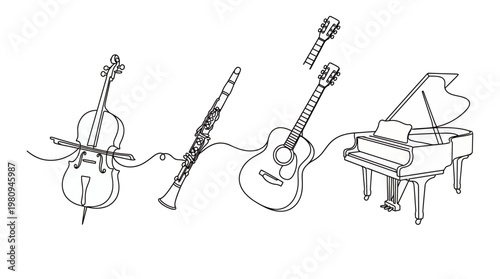 Continuous line drawing of musical instruments including cello, clarinet, guitar and grand piano on white background, concept for music school advertisement, concert poster and branding