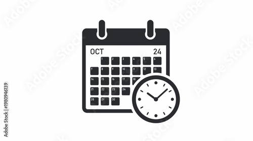 Black calendar icon showing October 24 dates with an analog clock overlay on a clean white background, concept for project scheduling, deadline management and appointment organization