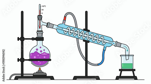 Detailed vector illustration of laboratory distillation apparatus with purple boiling liquid, condenser and beaker, concept for chemistry education, science research and medical experiment