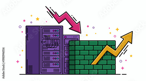Illustration of server racks with a red downward arrow and a brick wall barrier with a golden upward growth arrow, concept for network security, server recovery and data infrastructure protection