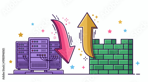 Illustration of computer server racks next to a protective brick wall with directional data arrows, concept for cyber security, network firewall and data protection