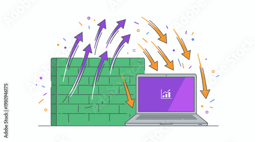 Laptop computer sitting beside a protective green brick wall with purple and orange arrows illustrating data flow and security, concept for cyber security, network firewall and digital data protection
