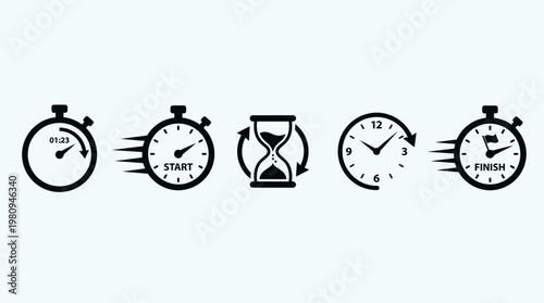 Black flat linear icons set of stopwatch start hourglass clock face and finish flag, concept for professional time management, business productivity and project deadline monitoring