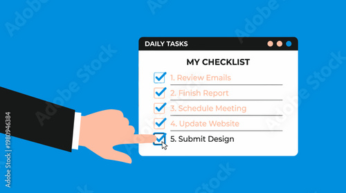 Project manager hand clicking checklist window with daily business tasks list on blue background, concept for productivity management, workflow organization and task tracking