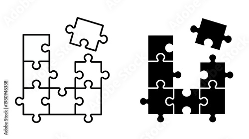 Black and white jigsaw puzzle icons with one missing piece being placed to complete the square shape on white background, concept for business solution, project management and logical thinking