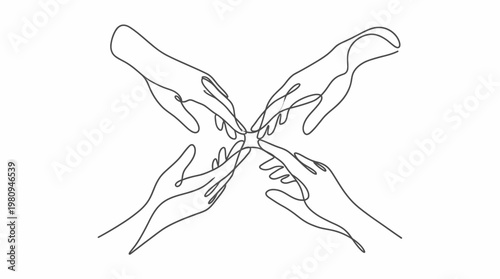 Continuous line drawing of four hands of professional managers and entrepreneurs reaching center, concept for business partnership, corporate collaboration and team building unity
