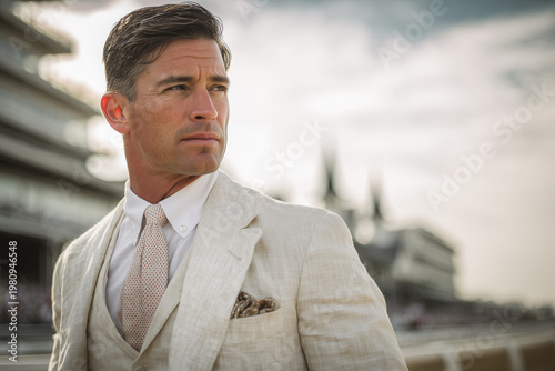 Professional Horse Trainer in Cream Suit Luxury Lifestyle Success Leadership Kentucky Derby Fashion Elegant Sports Manager Metaphor