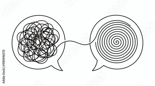 Two speech bubbles with tangled mess transforming into an organized spiral in continuous line art style, concept for mental health therapy, psychotherapy counseling and business problem solving