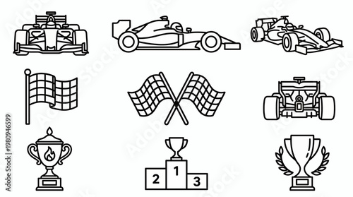 Collection of black line racing icons featuring formula cars, checkered flags, podiums and trophies on white background, concept for automotive sports branding, tournament competition and success