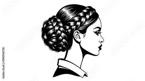 Elegant Woman Profile with Elaborate Braided Hairstyle, Black and White Vector Art
