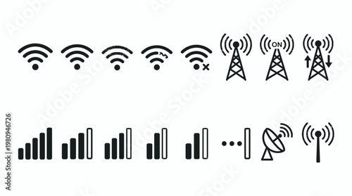 Black wireless signal icons set with telecommunication towers and cellular network bars on white background, concept for mobile tech interface, telecom infrastructure and data connection
