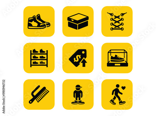 Collection of Shoe Related Icons on Yellow Background.