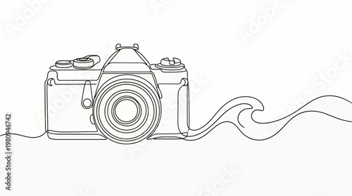 minimalist one line drawing of a professional digital slr camera with artistic wavy lens trail on white background, concept for photography branding, digital art and content production