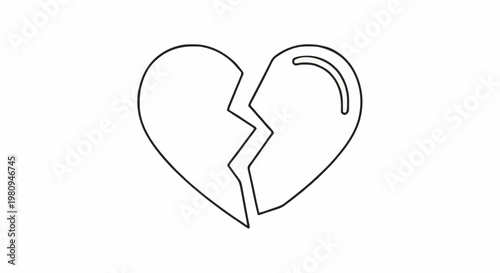 Minimalist black and white vector outline of a cracked heart, symbolizing emotional pain, lost love, separation, or the profound sadness associated with heartbreak