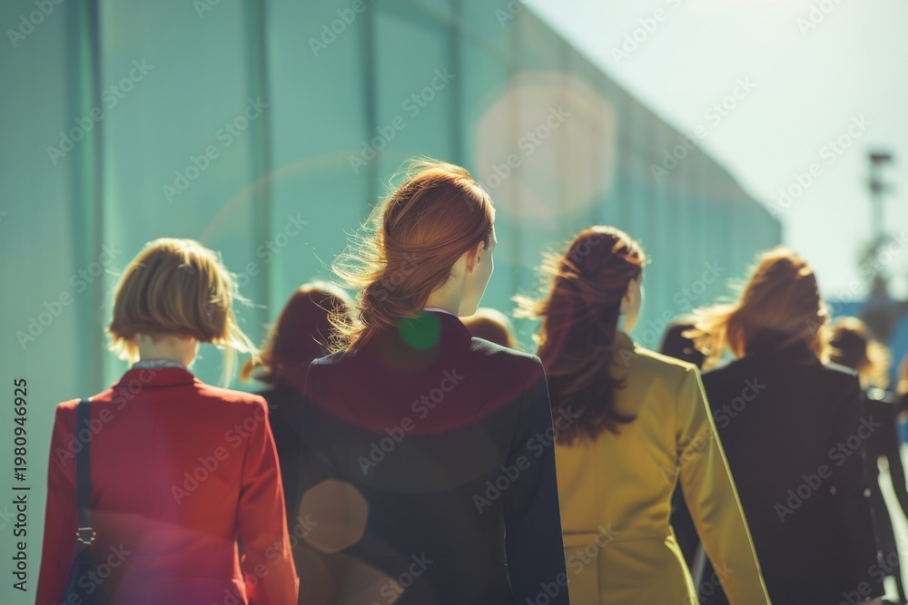 Obraz premium Professional women walking together in a modern urban environment, bathed in bright sunlight, moving towards success and future opportunities.