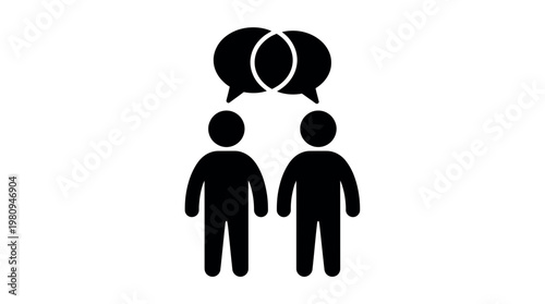 Two corporate consultants standing and communicating with overlapping speech bubbles on white background, concept for professional networking, effective collaboration and business negotiation