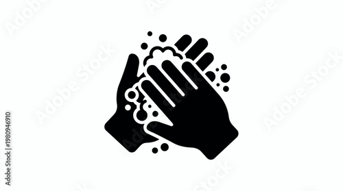 Black silhouette icon of two human hands washing with soap foam and water bubbles on a plain white background, concept for hygiene awareness, healthcare instructions and sanitary protection