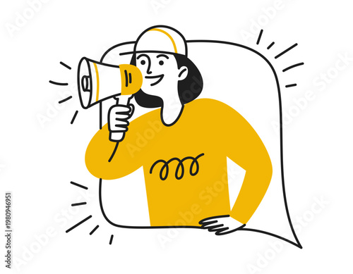 A doodle of a woman delivering a voice message in a chat. Social networking. Communication and messaging, interaction. Modern vector line illustrations