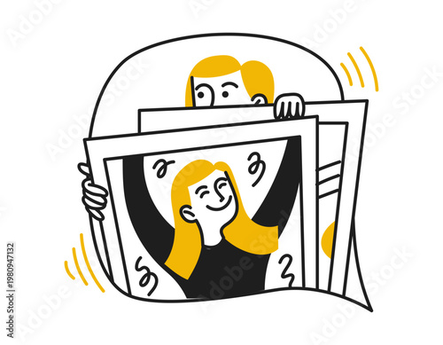 A doodle of a woman sharing a photo in a chat. Social network. Communication and messaging, interaction. Modern vector line illustrations
