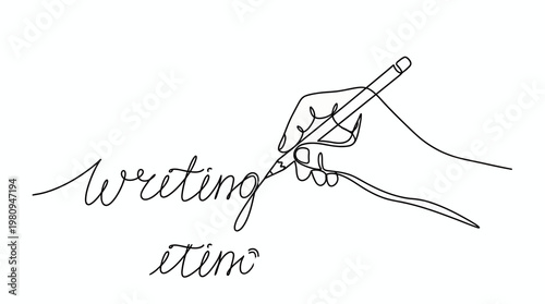 Continuous one line drawing of a copywriter hand holding pencil and writing cursive text on white background, concept for literacy education, professional blogging and creative storytelling