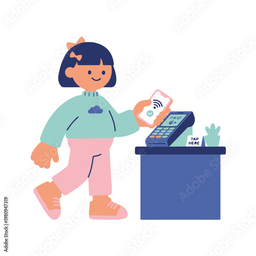 A smiling young girl makes a mobile payment to a cashier at a store.