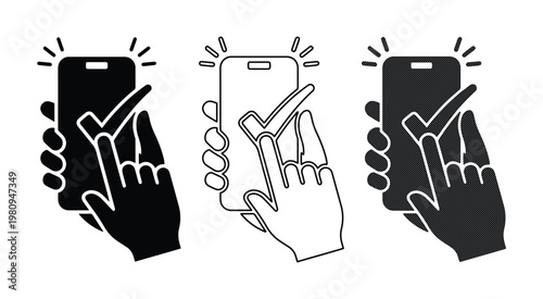 Mobile phone checkmark icon set, hand holding smartphone with approved confirmation, digital success and verification vector collection, secure online transaction and user interface elements.