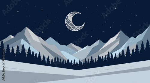 A cold winter night landscape illustration of a snowy mountain forest under a starry sky with a bright moon and festive Christmas trees for a holiday card design