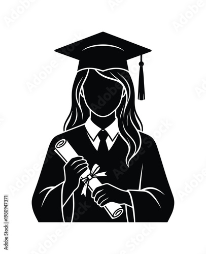 Female graduate student silhouette, academic achievement and success, black and white vector illustration, higher education and commencement ceremony concept