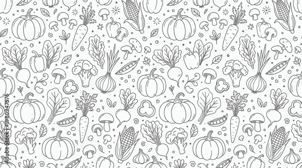 Fototapeta premium Seamless pattern background of hand drawn vegetable doodles featuring pumpkins carrots corn mushrooms and broccoli in line art, concept for food packaging, organic branding and wallpaper