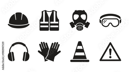 Personal protective equipment icons set featuring safety helmet vest respirator goggles gloves earmuffs and warning sign, concept for industrial safety, occupational health and work security