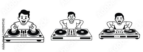 Set of happy DJ line art illustrations performing with turntables, music producer and club performer character icons