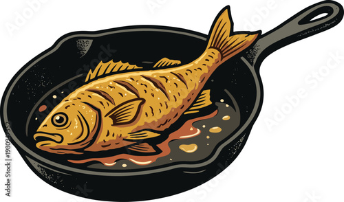 Fried Fish in Cast Iron Skillet Illustration