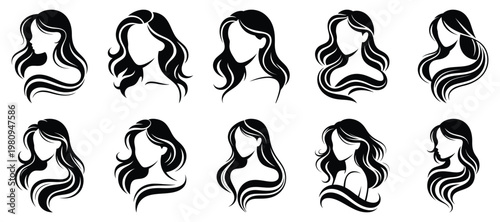 Collection of elegant women silhouettes with various long wavy hairstyles, female profile icons for beauty salon and hair styling