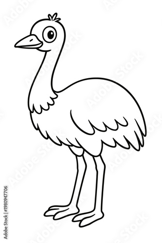 Cute cartoon illustration of a white ostrich with a long beak and wings isolated on a plain background for wildlife and nature art