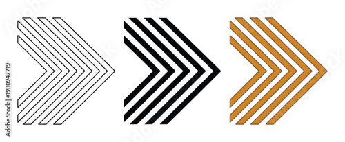 Modern Chevron Arrow Vector Set, three distinct striped right-pointing arrows, black, outline, and brown graphic elements for UI design, progress indicators, and navigation