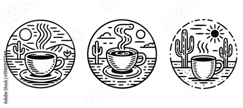Circular line art badges of steaming coffee cup in a desert landscape with cacti and sun, morning routine and adventure travel icons
