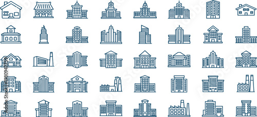 Collection of diverse architectural building icons representing various government and public structures in a pixel art style