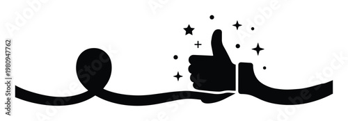 Black and white vector icon of a hand giving a thumbs up, surrounded by sparkling stars, symbolizing approval and success. Modern graphic element for positive feedback and achievement.